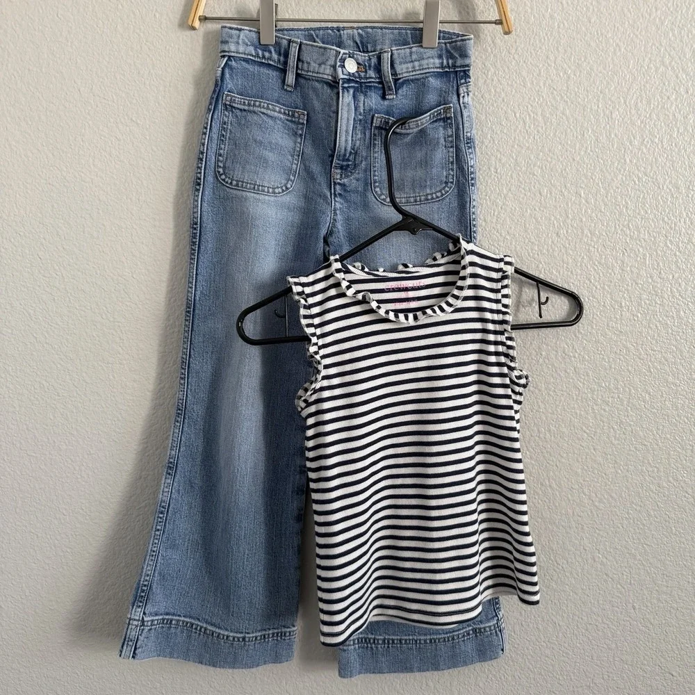 Crewcuts Girls Size 8 Denim Wide-leg Jeans Top Lot Bundle Striped Ruffle Top